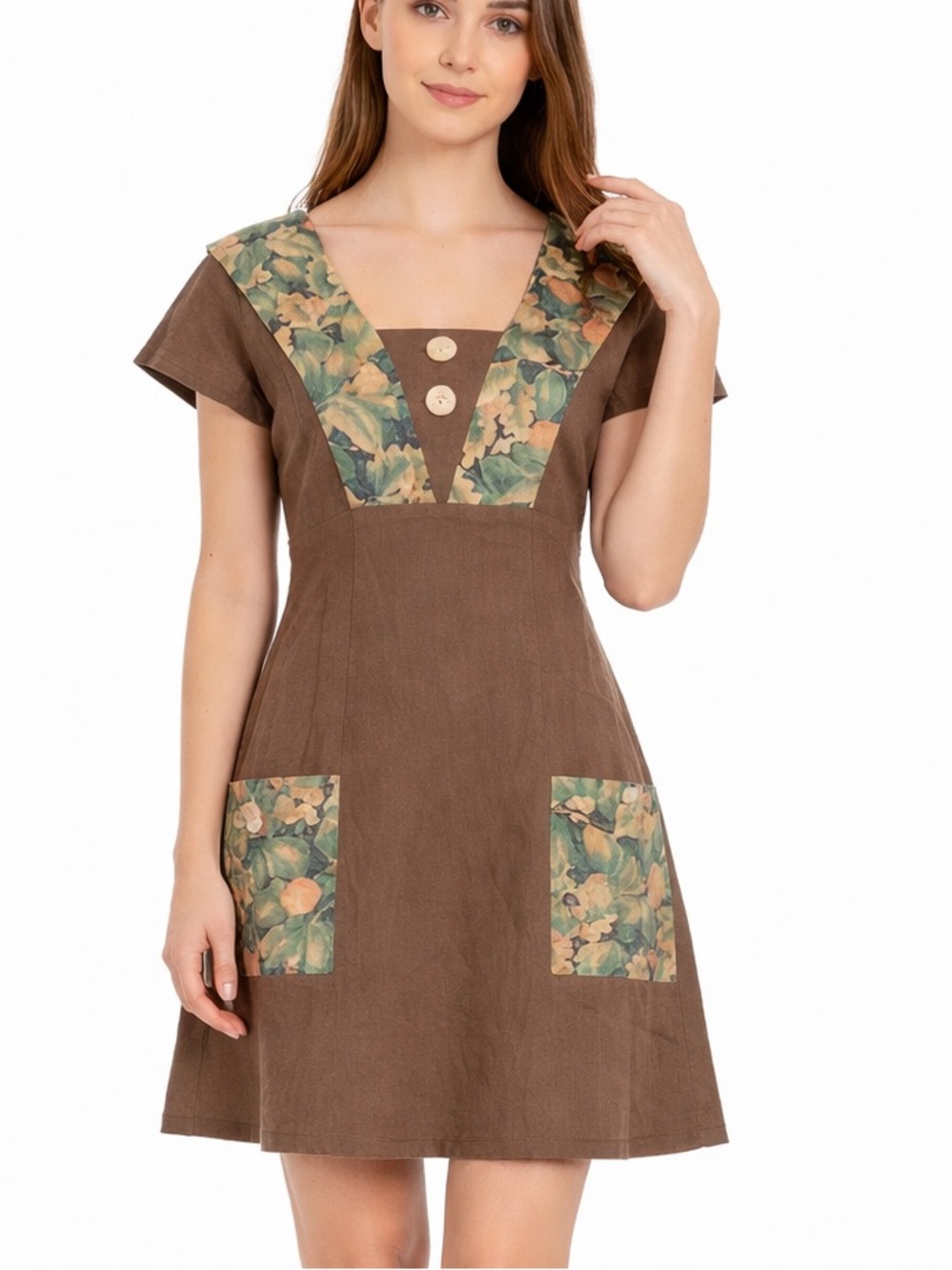 Handmade Dark green/ brown hemp and organic cotton Floral Accent Dress size S/M